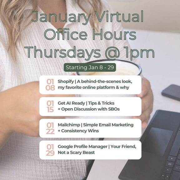 Promotional graphic for January Virtual Office Hours with a person holding a coffee cup and laptop.
