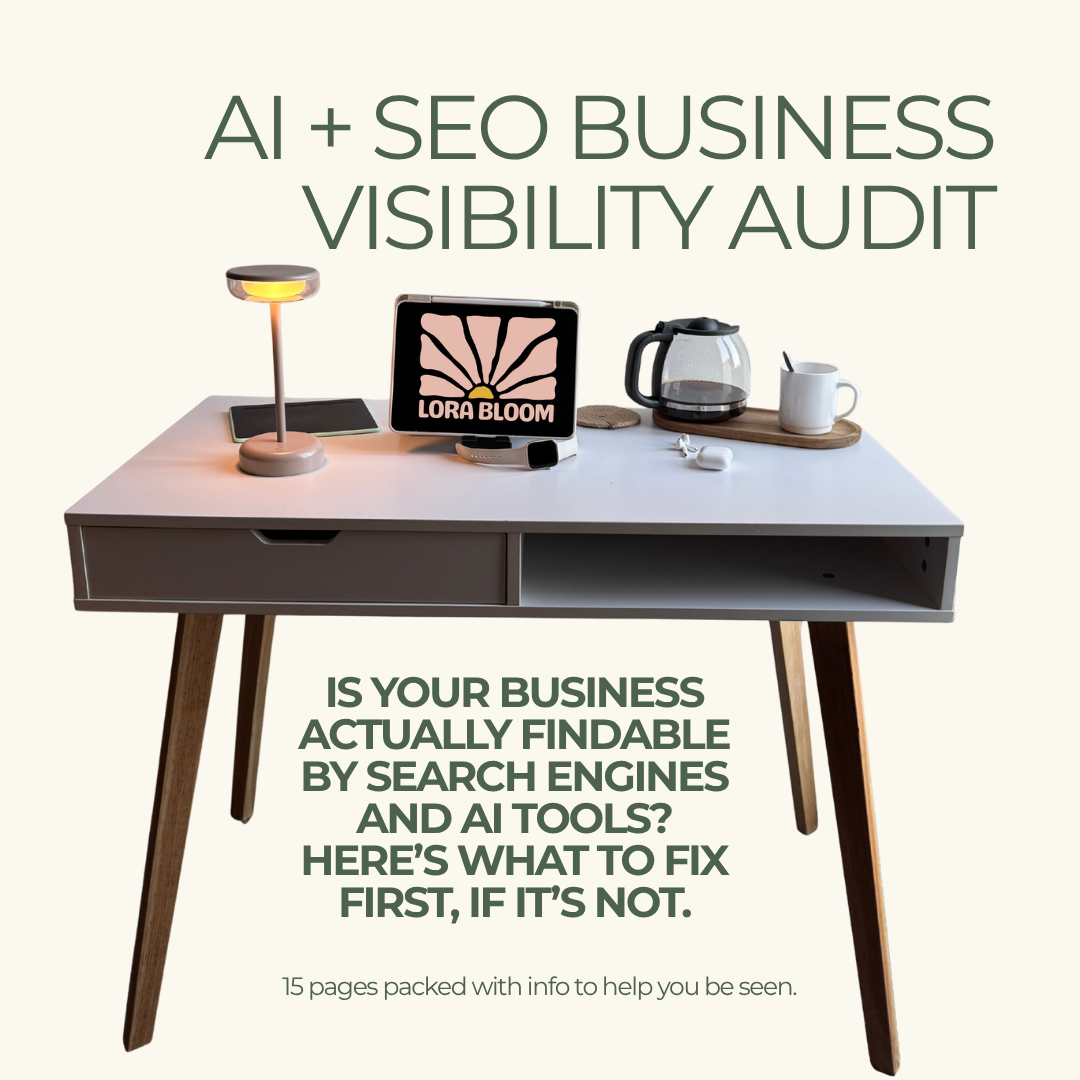 Modern desk with laptop, lamp, and coffee maker with text about AI and SEO business visibility audit.